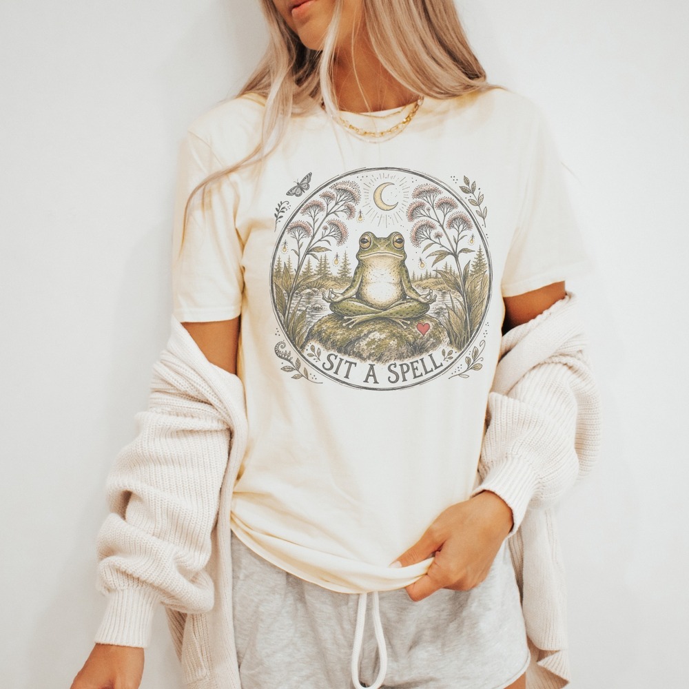 Sit a Spell Frog Meditation Graphic Tee Natural Botanical Art